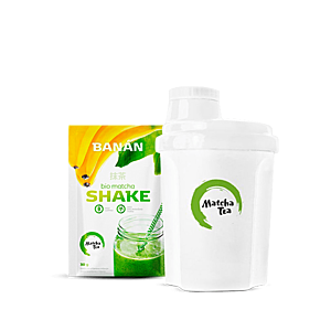 BIO Matcha Tea Shake, 30 g Matcha Tea Shake Banán + šejkr, BIO Matcha Tea Shake, 30 g Matcha Tea Shake Banán + šejkr obraz
