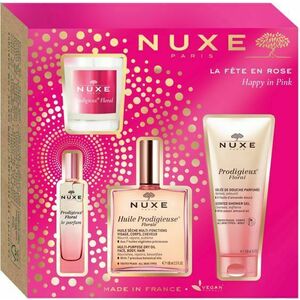 NUXE Happy in Pink Multifunkční olej 100 ml + sprchový gel 100 ml + parfémovaná voda 15 ml + vonná svíčka 70 g Dárkové balení obraz