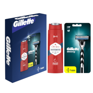 GILLETTE Dárková Sada: Mach3 pánský holicí strojek, Old Spice Whitewater 3 v 1 sprchový gel se svěží vůní 250 ml obraz