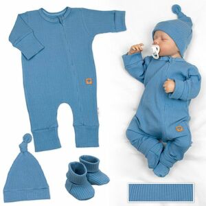 Baby Nellys Rostoucí žebrovaný overálek, čepička a botičky, 3D, Nature - jeans, 86/92 obraz