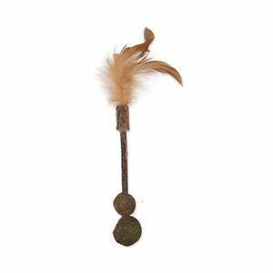 MAGIC CAT Hračka Natural Fun dřívko s přírodními pírky a zelenými koulemi 18 cm obraz