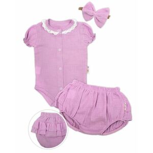 Baby Nellys 3-dílná mušelínová soupravička, body, kraťasky + čelenka GIRL, lila vel. 68 obraz
