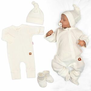 Baby Nellys Rostoucí žebrovaný overálek, čepička a botičky, 3D, Nature - ecru obraz