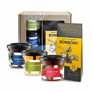 HoneyMix Dárková sada medů a medovo-čokoládové bonbony 3x140 g + 1x85 g obraz
