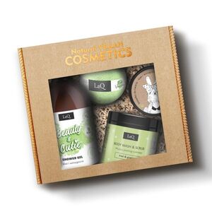 LaQ Beauty & Cutie sprchový gel 500 ml + cukrový peeling 220 g + čisticí pleťový krém 40 g + šumivá koule do koupele dárková sada obraz