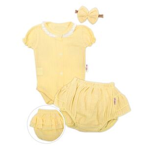 Baby Nellys 3-dílná mušelínová soupravička, body, kraťasky + čelenka GIRL, žlutá vel. 74 obraz