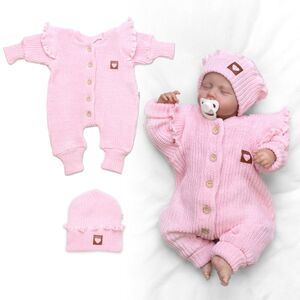 Baby Nellys Rostoucí pletený oversize overálek + čepička Love s volánkem, růžový obraz