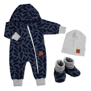 Baby Nellys Rostoucí teplákový overal, čepice, botky, 3D, Nature - jeans pírka, 68/74 obraz