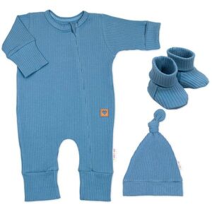 Baby Nellys Rostoucí žebrovaný overálek, čepička a botičky, 3D, Nature -jeans obraz