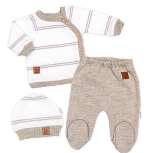 Baby Nellys Pletená sada pro miminko s jemným proužkem 3D, lux - béžová, bílá, vel. 68 vel. 68 obraz