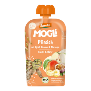 MOGLi BIO Broskvová kapsička s jablkem, banánem, marakujou a ovesnými vločkami 100 g obraz