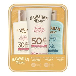 Hawaiian Tropic Glowing Protection Face Cream SPF 50 + Lotion SPF 30 + After sun lotion cestovní set na opalování 3 ks 50 + 75 + 60 ml obraz