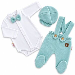 Baby Nellys Pletená souprava Gentleman 3D, body, polodupačky s láclem, čepička, mátová, 62 obraz