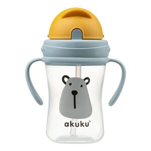Akuku Lahvička/hrneček s úchyty a brčkem Medvěd 300 ml, šedá/žlutá obraz