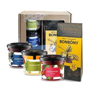 HoneyMix Dárková sada medů a medovo-čokoládové bonbony 3x140 g + 1x85 g obraz