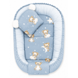 Baby Nellys Oboustranné hnízdečko, podložka + polštářek 3D, Sleepy Teddy, modré obraz