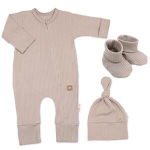 Baby Nellys Rostoucí žebrovaný overálek, čepička a botičky, 3D, Nature - toffi obraz