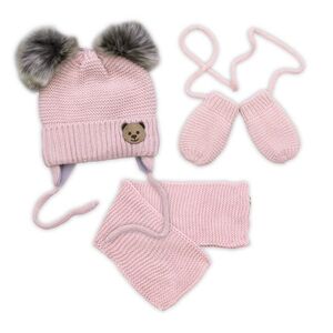 Baby Nellys Dětská sada, zimní čepice s šálou + rukavičky 3D, Teddy Bear - pudrově růžová obraz