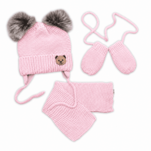 Baby Nellys Dětská sada, zimní čepice s šálou + rukavičky 3D, Teddy Bear - sv. růžová obraz